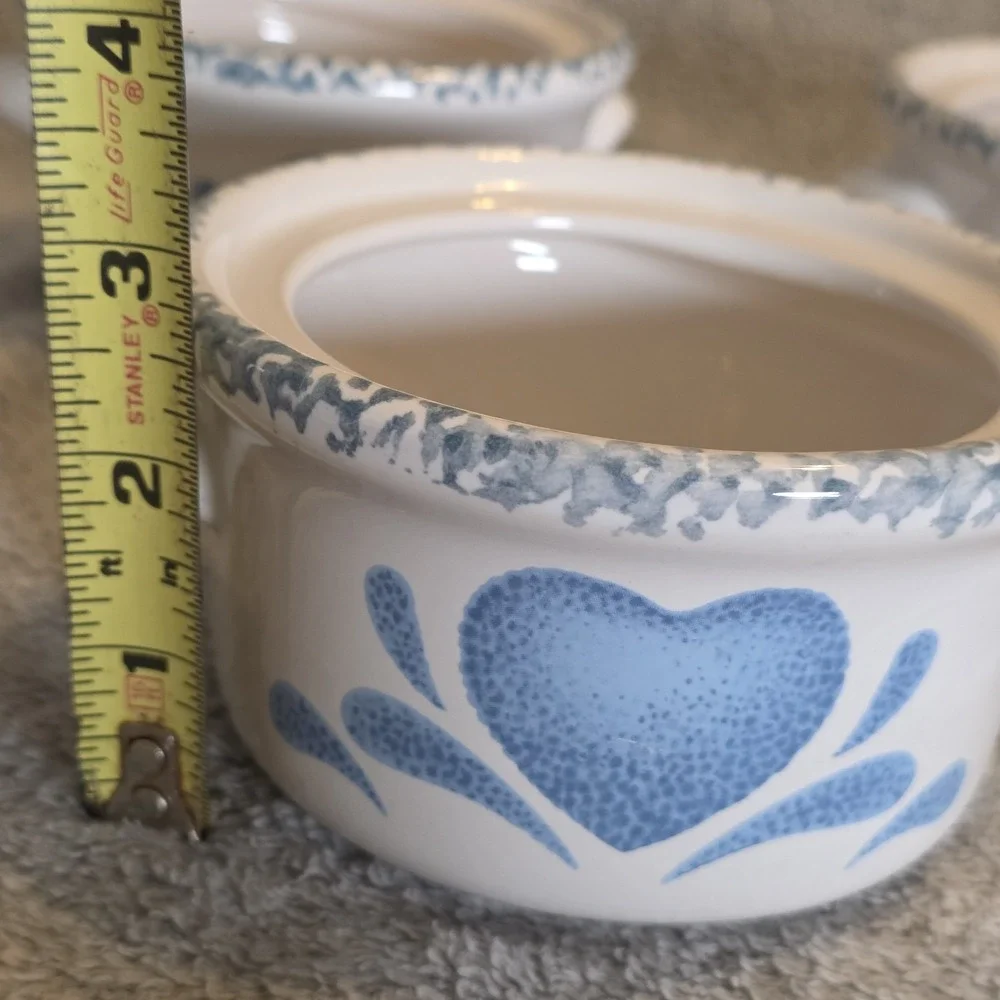 Set of 3 Country Blue Heart Ceramic Covered Soup Crocks No Lids Cottagecore